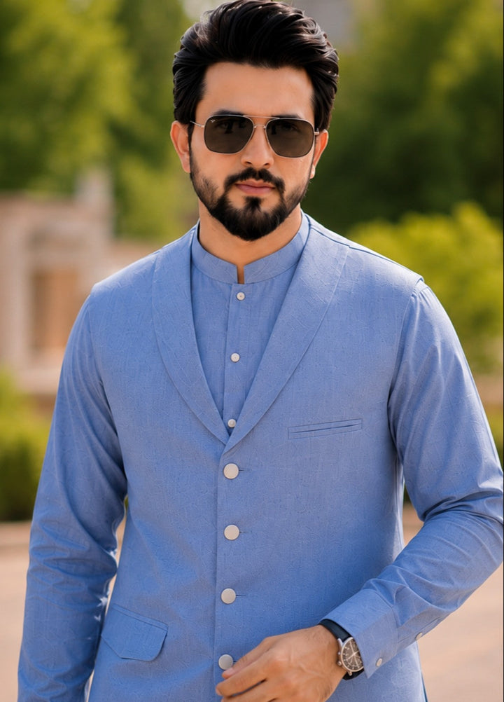 TGM Men RTW Solids Blended 3 Piece Suit Sky Regent Festive Collection