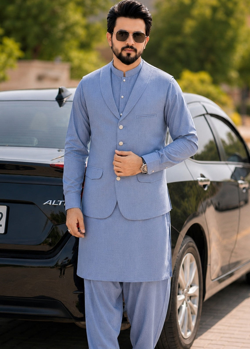 TGM Men RTW Solids Blended 3 Piece Suit Sky Regent Festive Collection