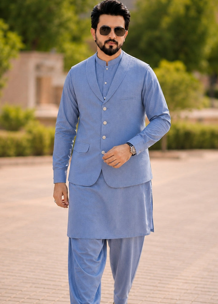 TGM Men RTW Solids Blended 3 Piece Suit Sky Regent Festive Collection