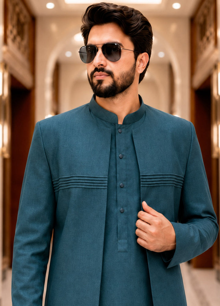 TGM Men RTW Textured Blended 3 Piece Suit Zavian Teal Festive Collection