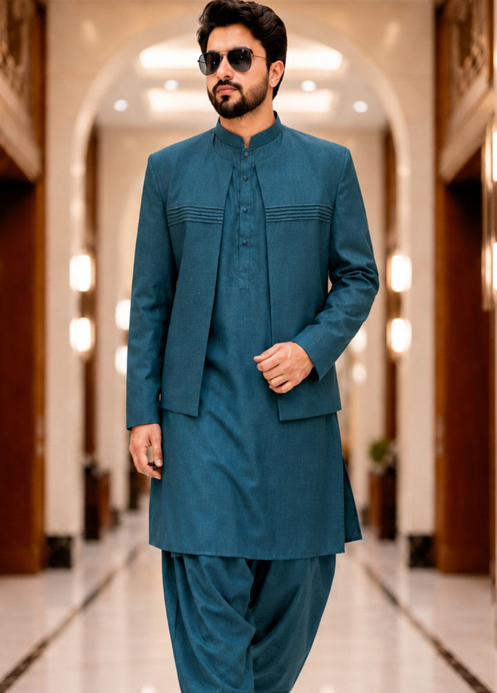 TGM Men RTW Textured Blended 3 Piece Suit Zavian Teal Festive Collection