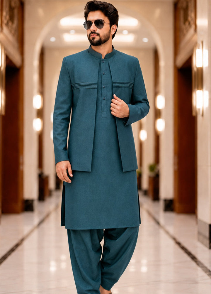 TGM Men RTW Textured Blended 3 Piece Suit Zavian Teal Festive Collection