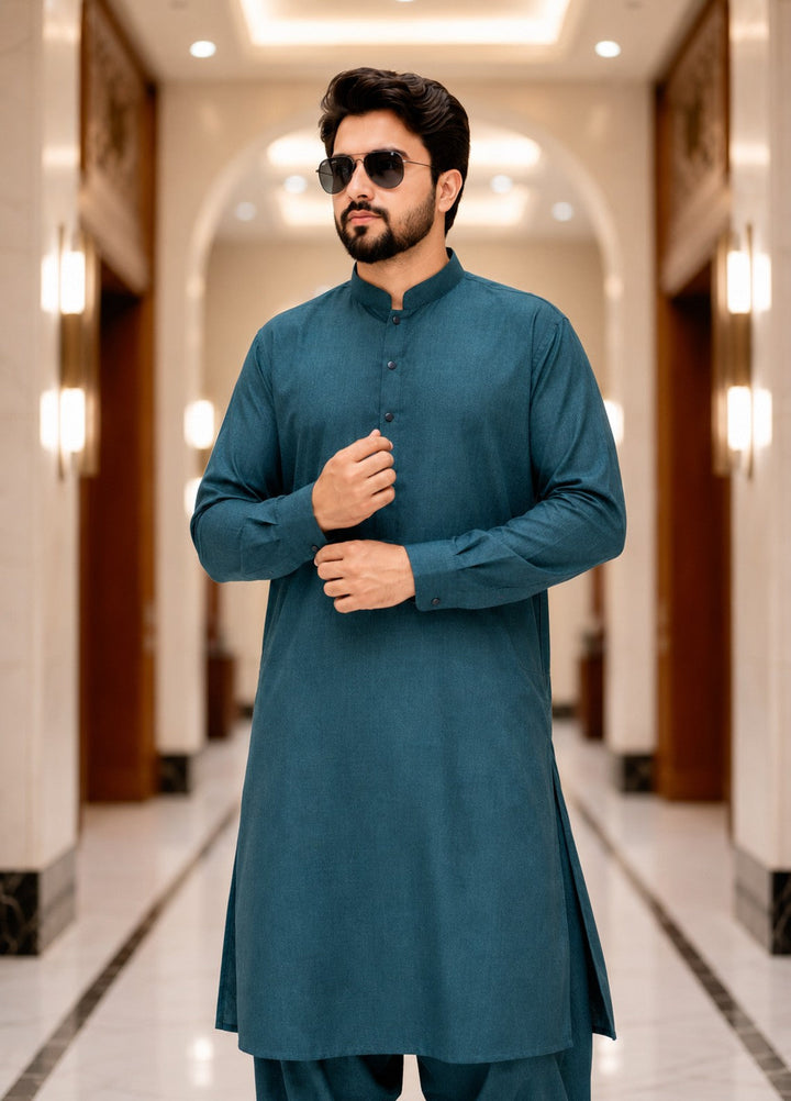 TGM Men RTW Textured Blended 3 Piece Suit Zavian Teal Festive Collection