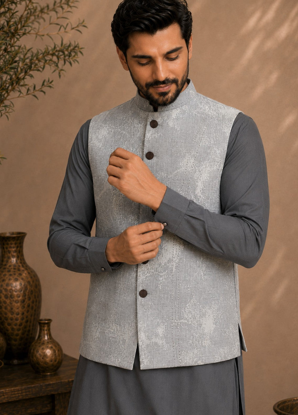 TGM Men RTW Textured Blended 3 Piece Suit Sterling Ash Festive Collection