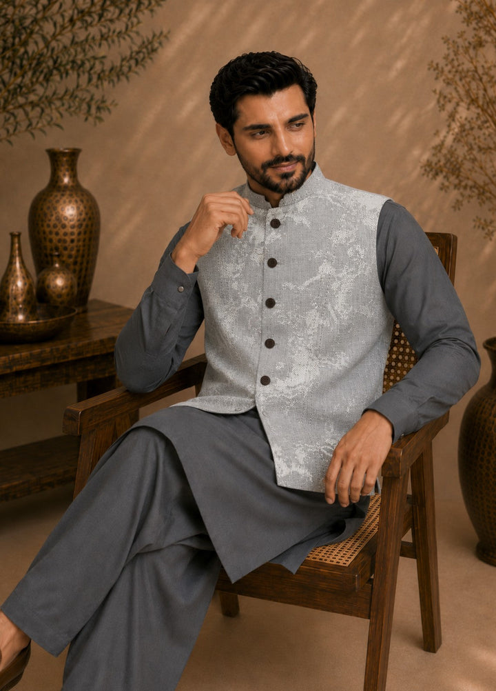 TGM Men RTW Textured Blended 3 Piece Suit Sterling Ash Festive Collection
