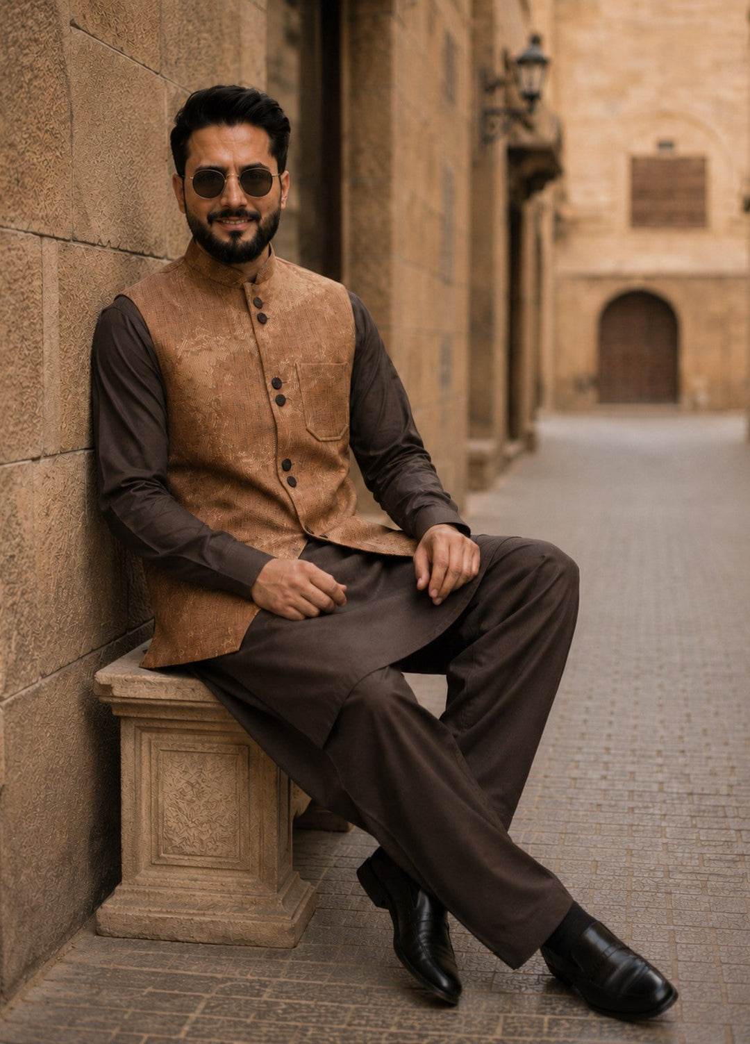 TGM Men RTW Textured Blended 3 Piece Suit Sterling Copper Festive Collection