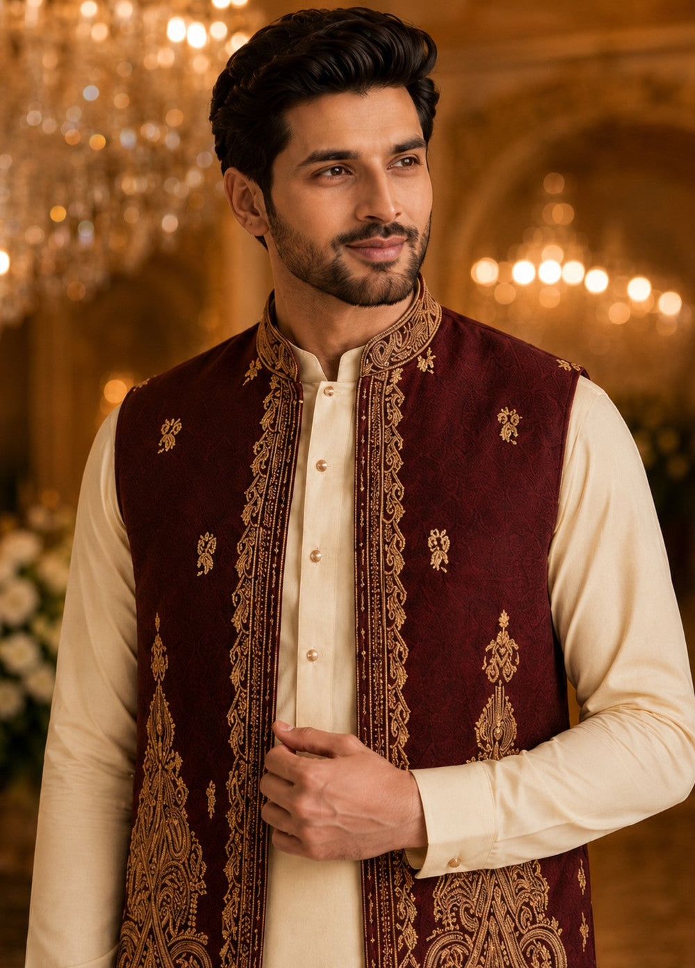 TGM Men RTW Textured Blended 3 Piece Suit Artisan Ruby Festive Collection