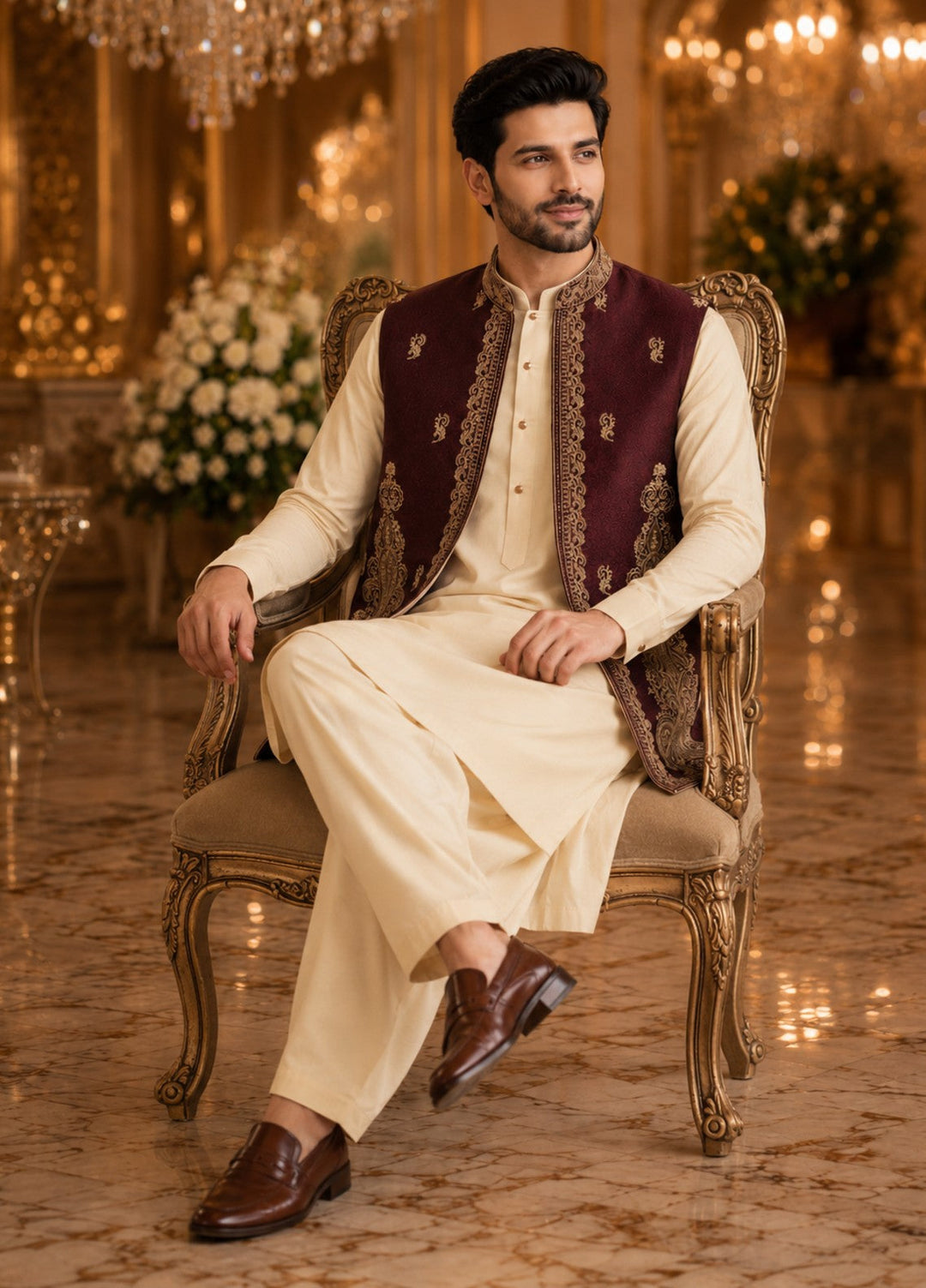TGM Men RTW Textured Blended 3 Piece Suit Artisan Ruby Festive Collection