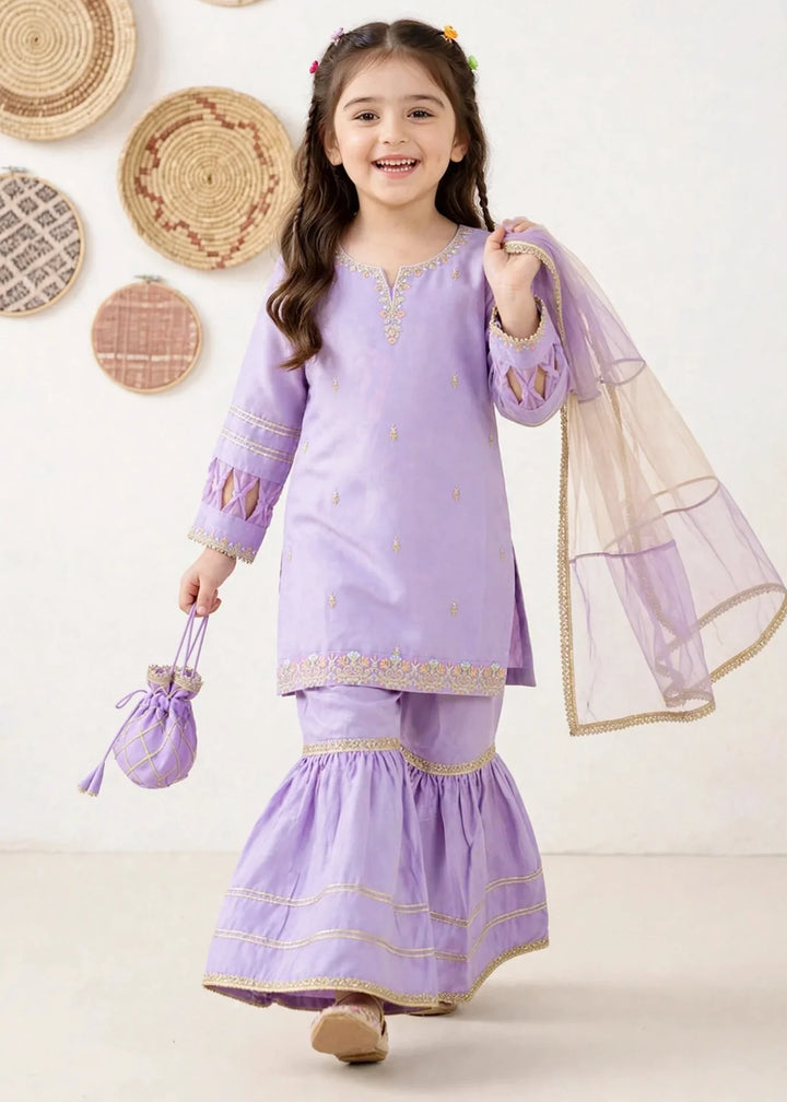 Riwayat by Modest Girls RTW Embroidered Chiffon 3 Piece Suit A076 Purple Gharara Festive Collection
