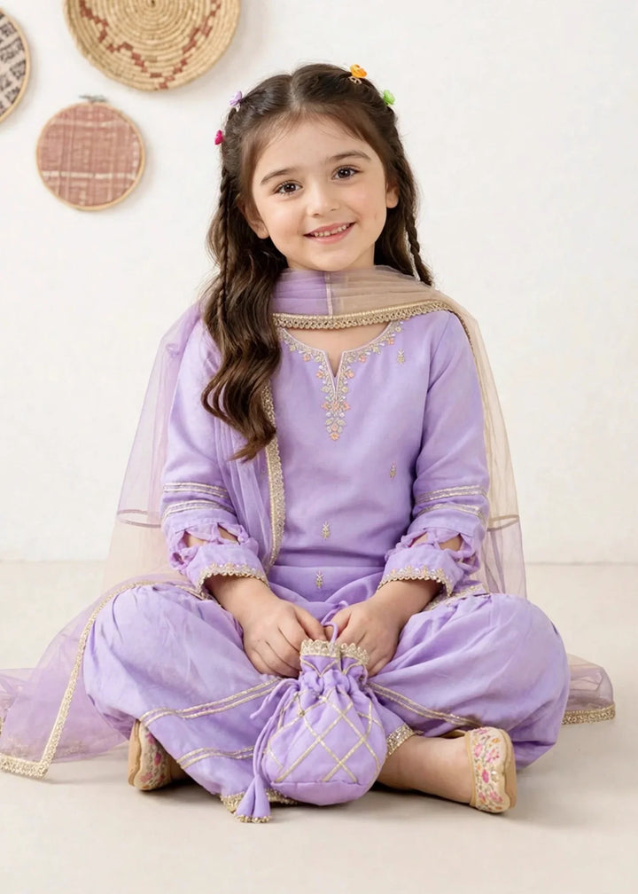 Riwayat by Modest Girls RTW Embroidered Chiffon 3 Piece Suit A076 Purple Gharara Festive Collection