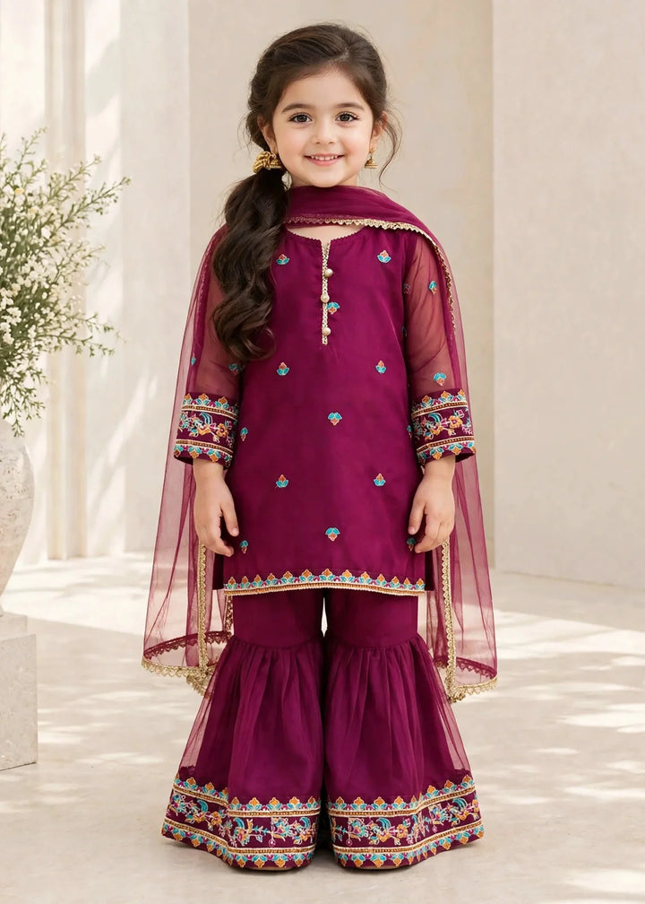 Riwayat by Modest Girls RTW Embroidered Organza 3 Piece Suit A105 Purple Gharara Festive Collection
