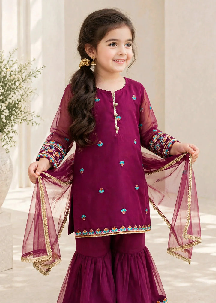 Riwayat by Modest Girls RTW Embroidered Organza 3 Piece Suit A105 Purple Gharara Festive Collection