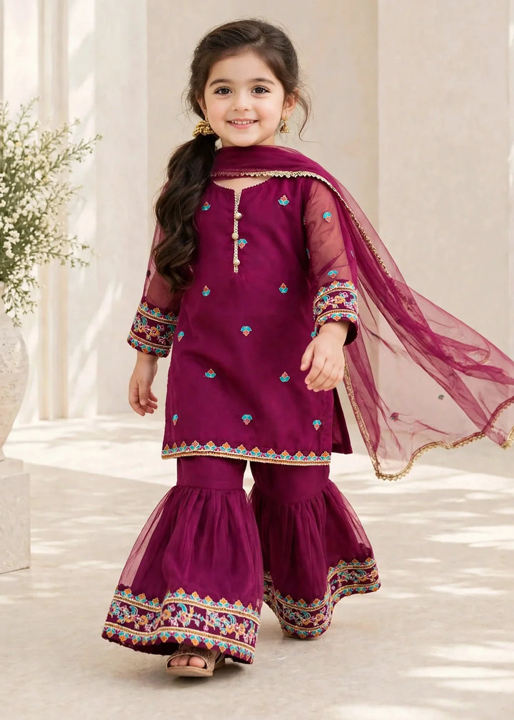 Riwayat by Modest Girls RTW Embroidered Organza 3 Piece Suit A105 Purple Gharara Festive Collection