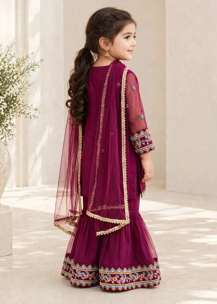 Riwayat by Modest Girls RTW Embroidered Organza 3 Piece Suit A105 Purple Gharara Festive Collection