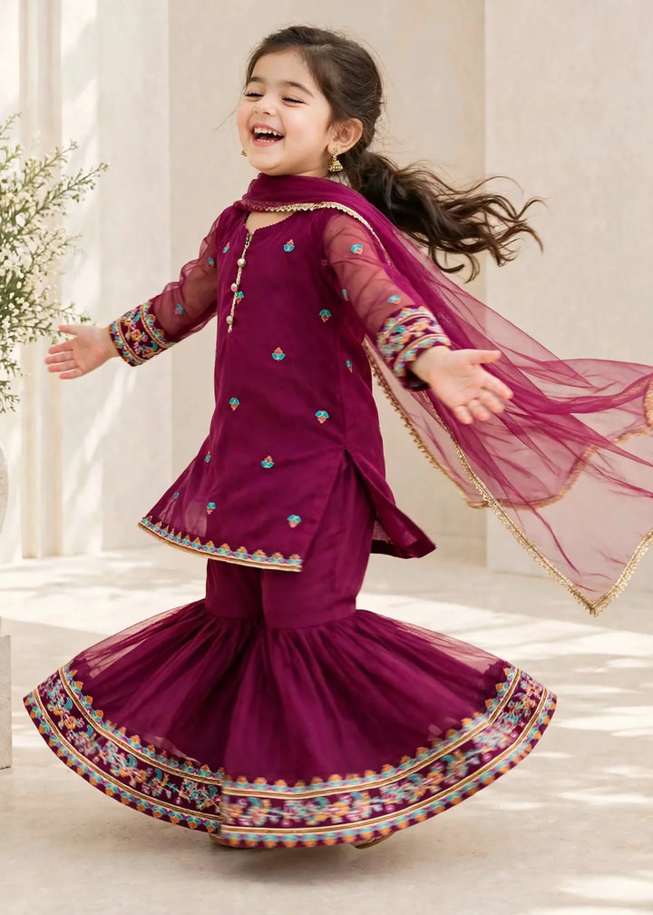 Riwayat by Modest Girls RTW Embroidered Organza 3 Piece Suit A105 Purple Gharara Festive Collection