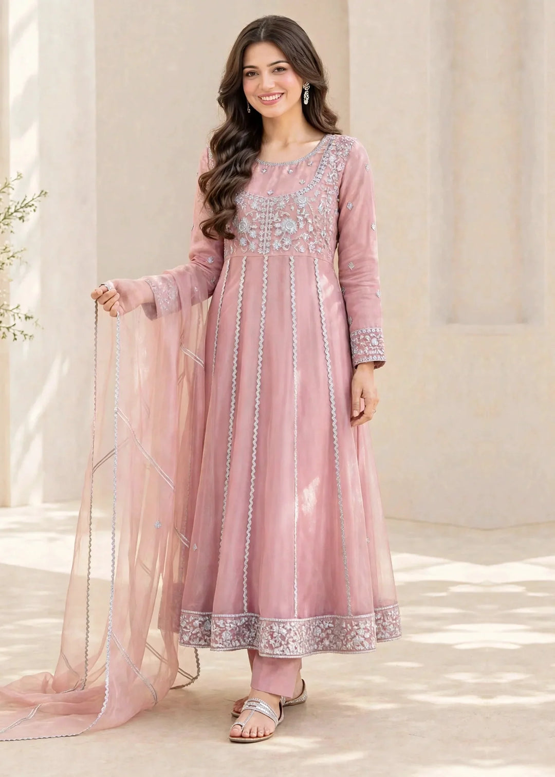 Riwayat by Modest Women RTW Embroidered Tissue 3 Piece Suit W299 Pink Festive Collection