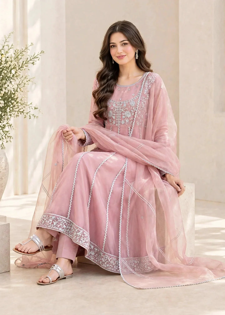 Riwayat by Modest Women RTW Embroidered Tissue 3 Piece Suit W299 Pink Festive Collection