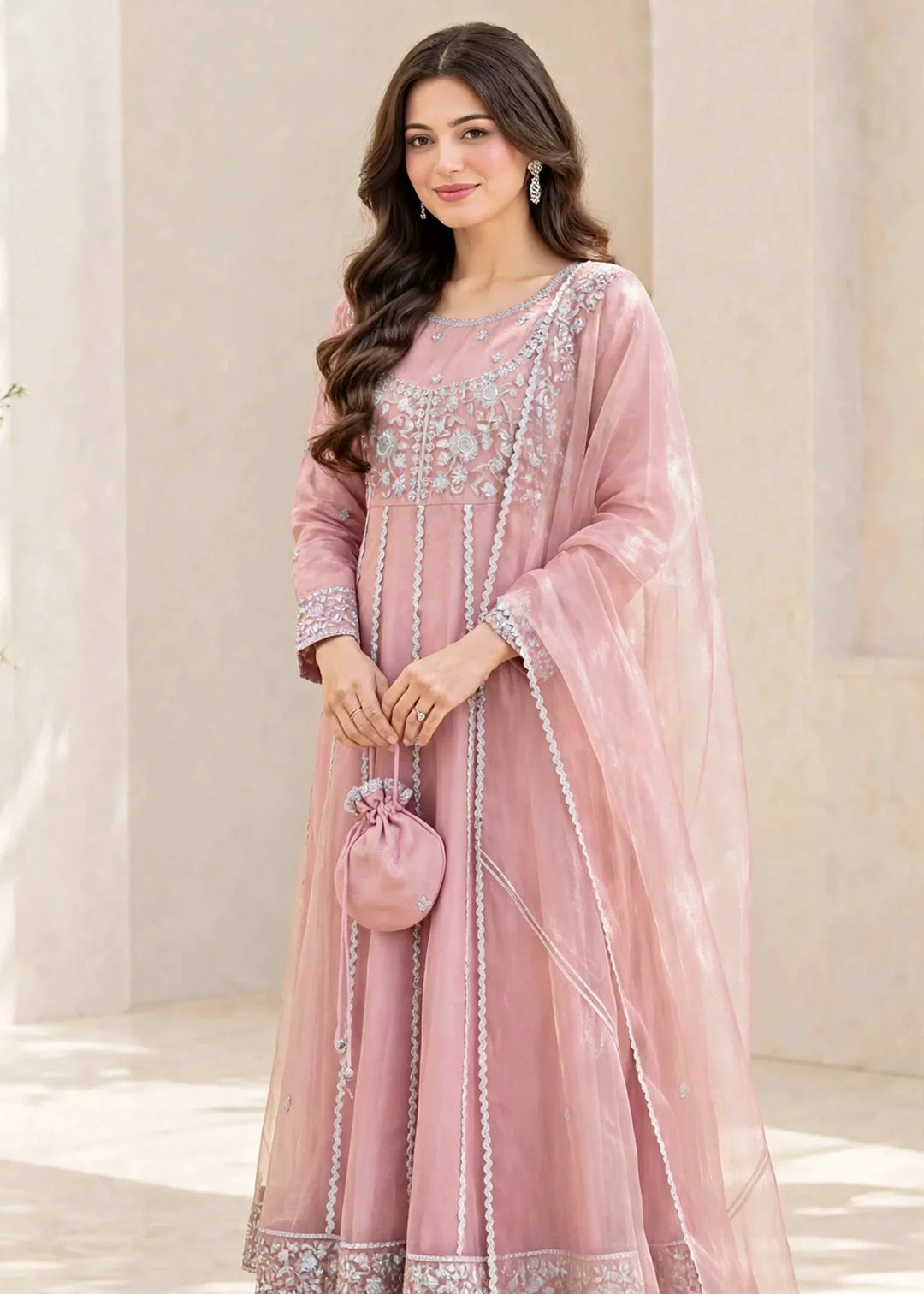 Riwayat by Modest Women RTW Embroidered Tissue 3 Piece Suit W299 Pink Festive Collection