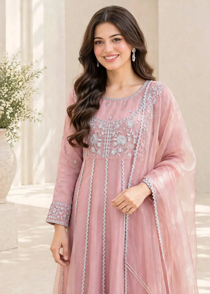 Riwayat by Modest Women RTW Embroidered Tissue 3 Piece Suit W299 Pink Festive Collection