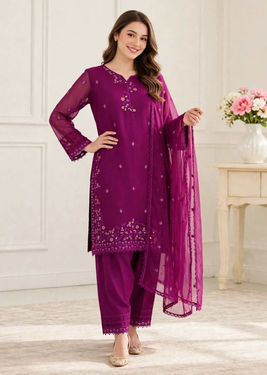 Riwayat by Modest Women RTW Embroidered Chiffon 3 Piece Suit W296 Purple Festive Collection