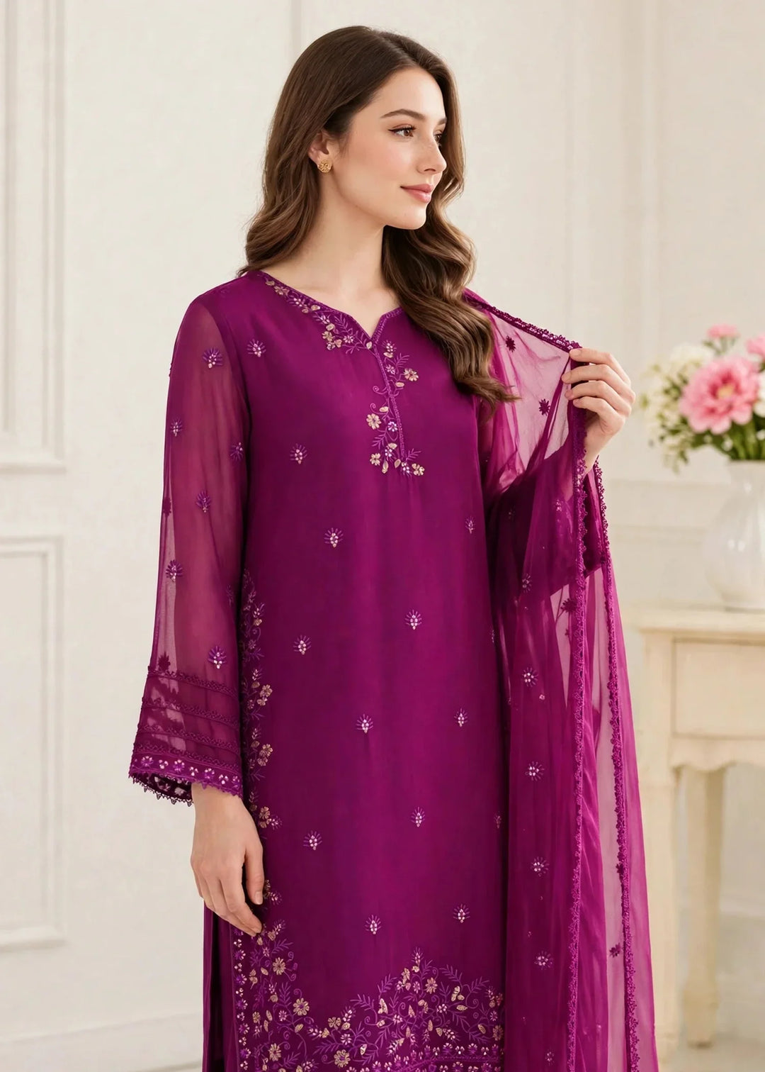 Riwayat by Modest Women RTW Embroidered Chiffon 3 Piece Suit W296 Purple Festive Collection