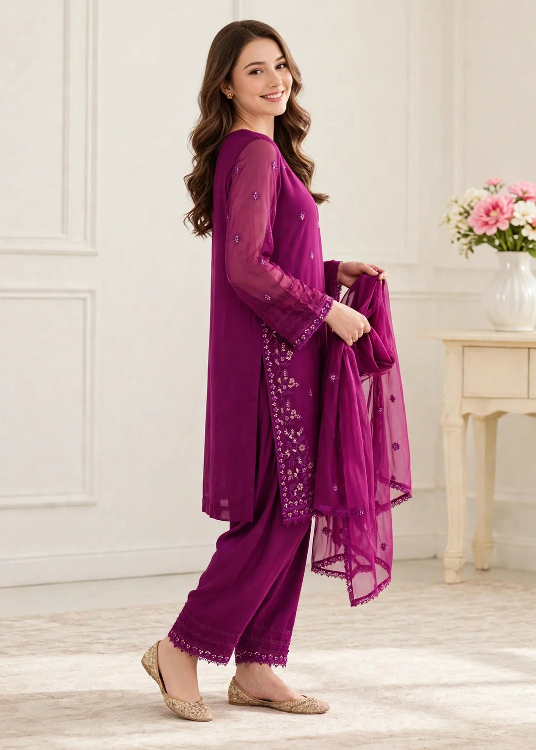 Riwayat by Modest Women RTW Embroidered Chiffon 3 Piece Suit W296 Purple Festive Collection