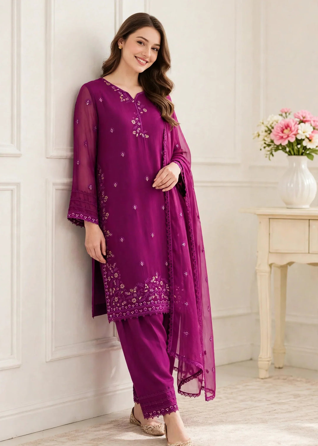 Riwayat by Modest Women RTW Embroidered Chiffon 3 Piece Suit W296 Purple Festive Collection