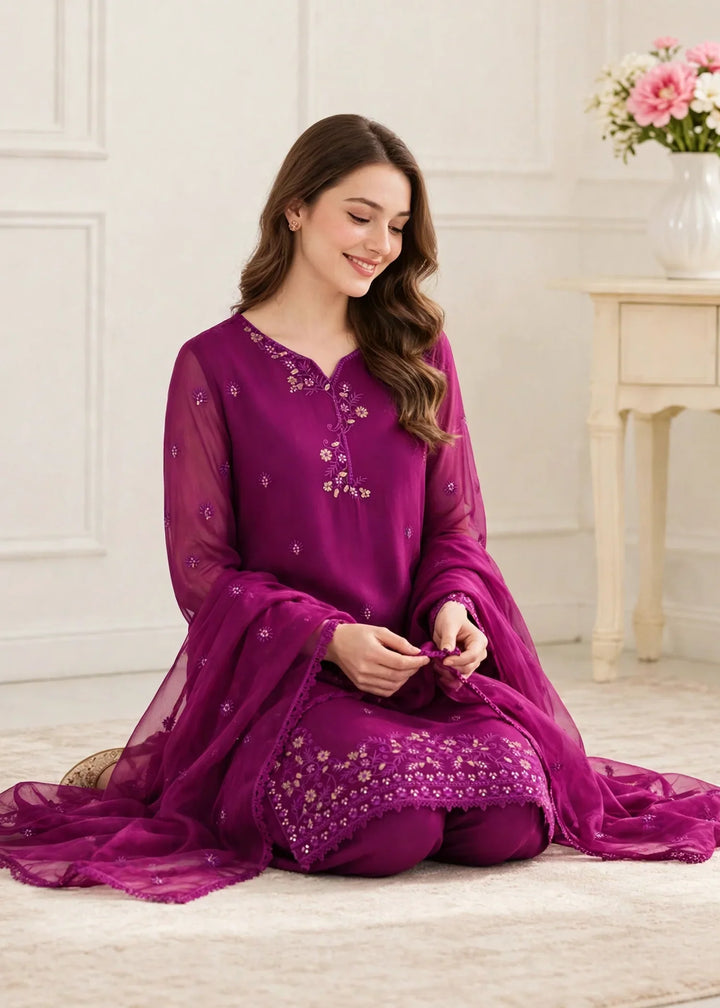 Riwayat by Modest Women RTW Embroidered Chiffon 3 Piece Suit W296 Purple Festive Collection