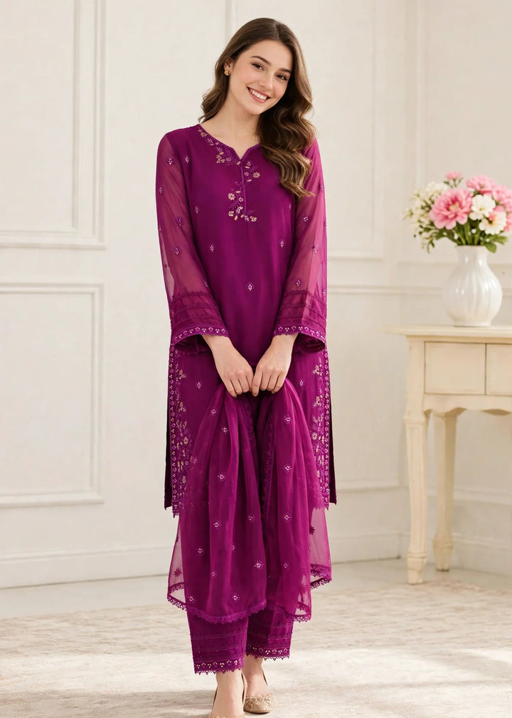 Riwayat by Modest Women RTW Embroidered Chiffon 3 Piece Suit W296 Purple Festive Collection