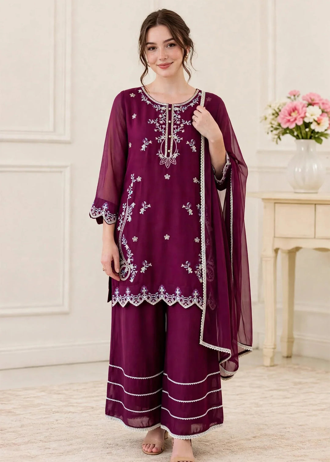Riwayat by Modest Women RTW Embroidered Chiffon 3 Piece Suit W300 Purple Festive Collection