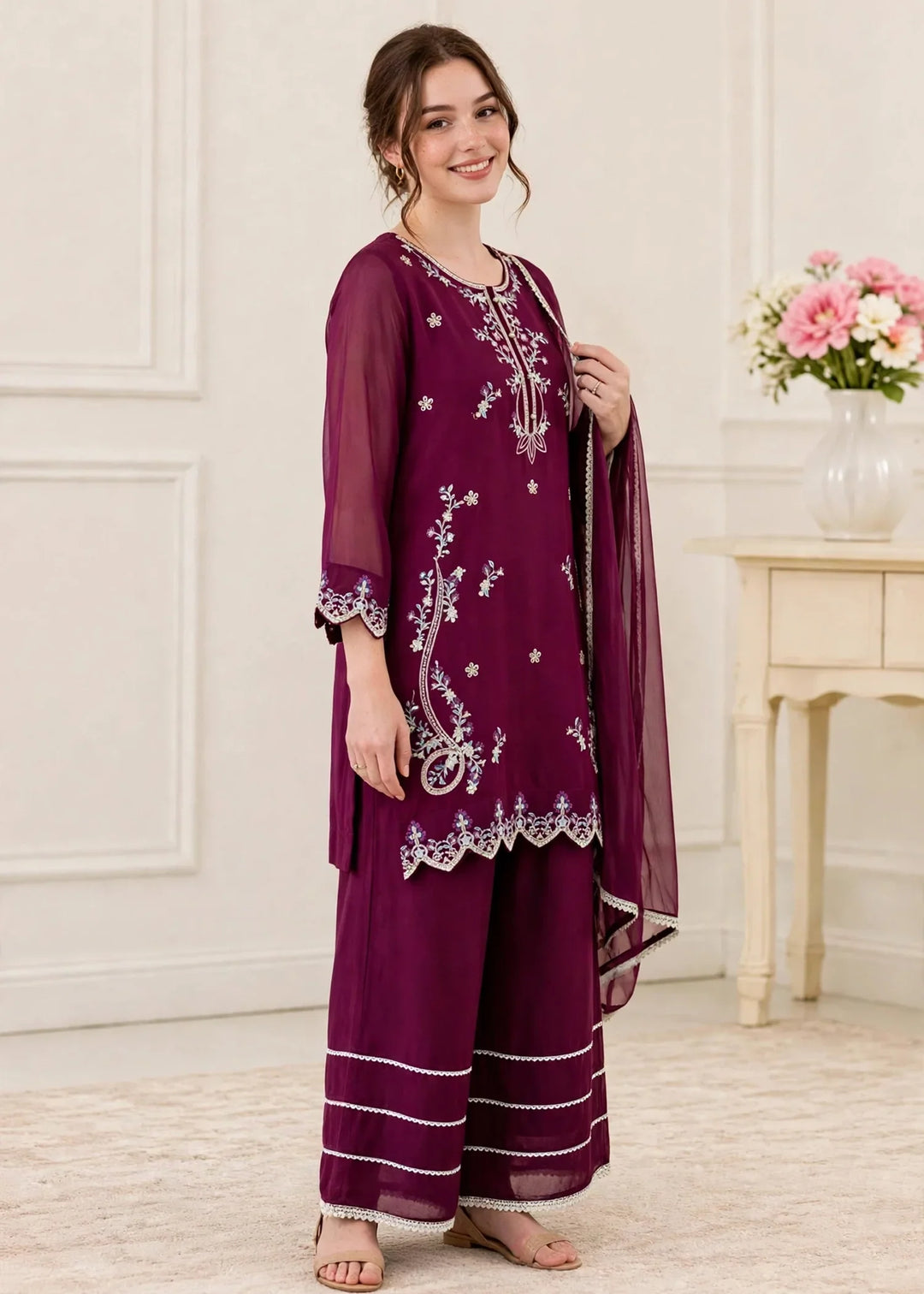 Riwayat by Modest Women RTW Embroidered Chiffon 3 Piece Suit W300 Purple Festive Collection