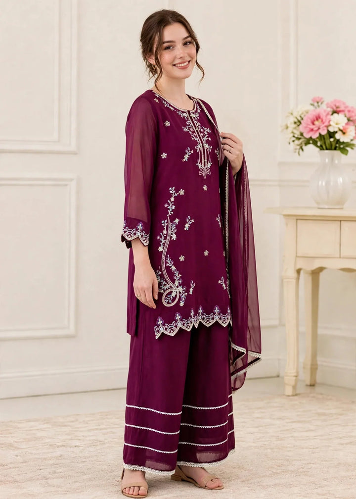 Riwayat by Modest Women RTW Embroidered Chiffon 3 Piece Suit W300 Purple Festive Collection