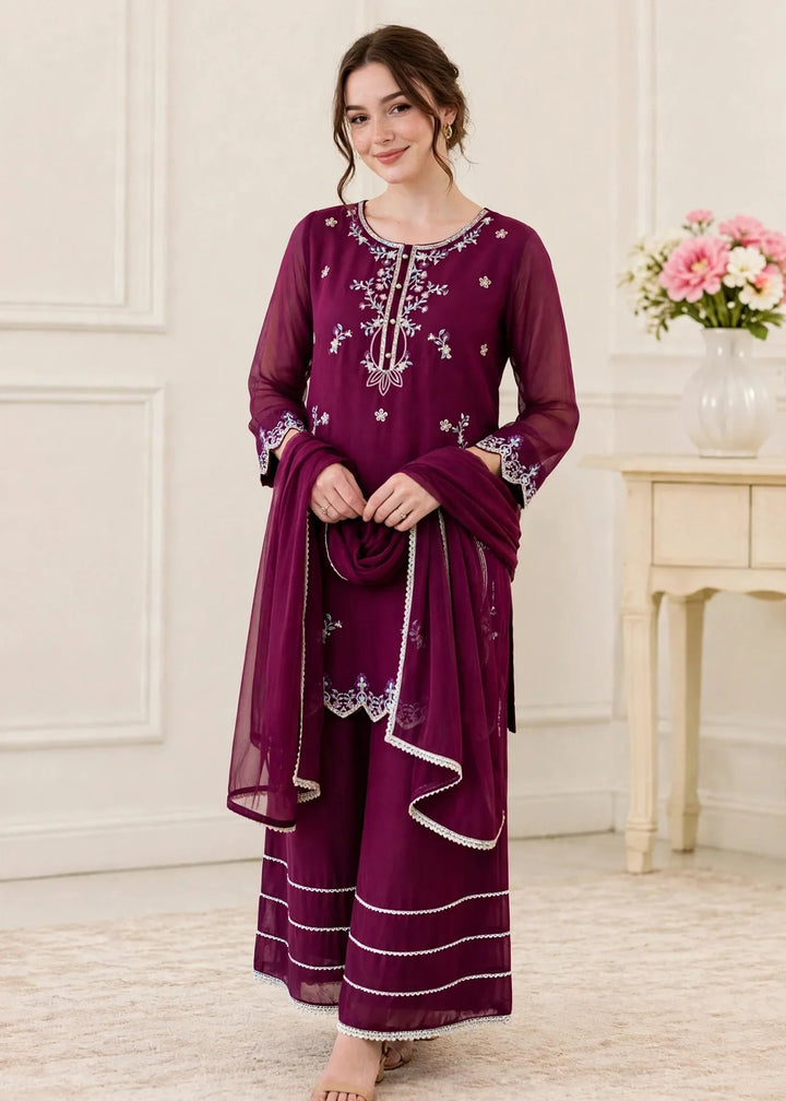 Riwayat by Modest Women RTW Embroidered Chiffon 3 Piece Suit W300 Purple Festive Collection