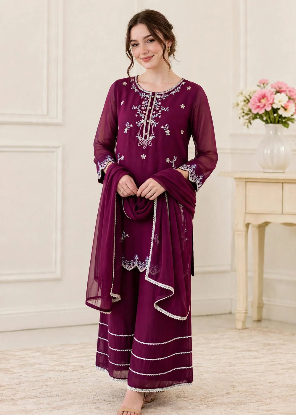 Riwayat by Modest Women RTW Embroidered Chiffon 3 Piece Suit W300 Purple Festive Collection