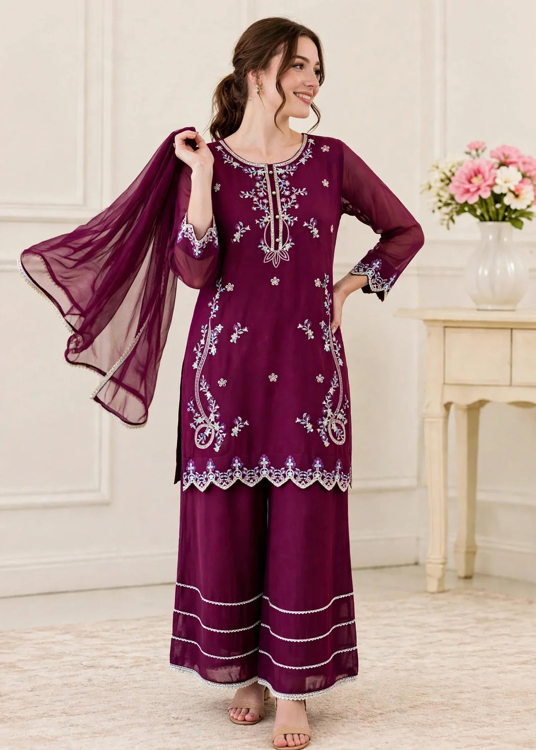 Riwayat by Modest Women RTW Embroidered Chiffon 3 Piece Suit W300 Purple Festive Collection