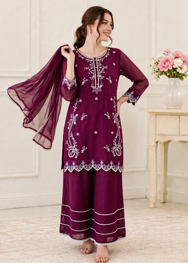 Riwayat by Modest Women RTW Embroidered Chiffon 3 Piece Suit W300 Purple Festive Collection