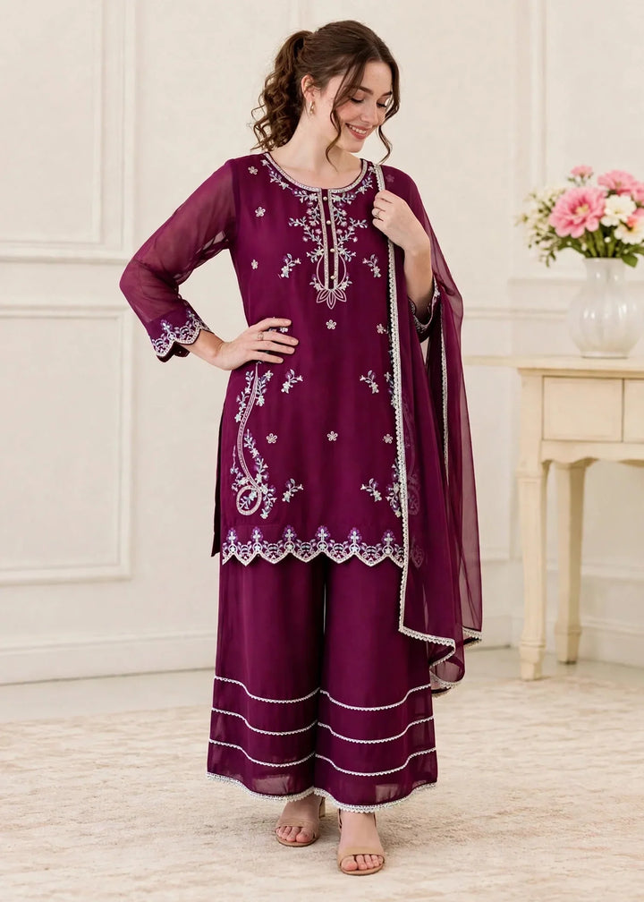 Riwayat by Modest Women RTW Embroidered Chiffon 3 Piece Suit W300 Purple Festive Collection