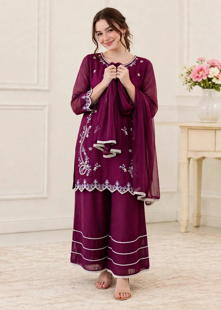 Riwayat by Modest Women RTW Embroidered Chiffon 3 Piece Suit W300 Purple Festive Collection