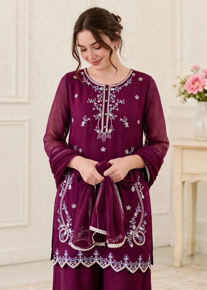 Riwayat by Modest Women RTW Embroidered Chiffon 3 Piece Suit W300 Purple Festive Collection