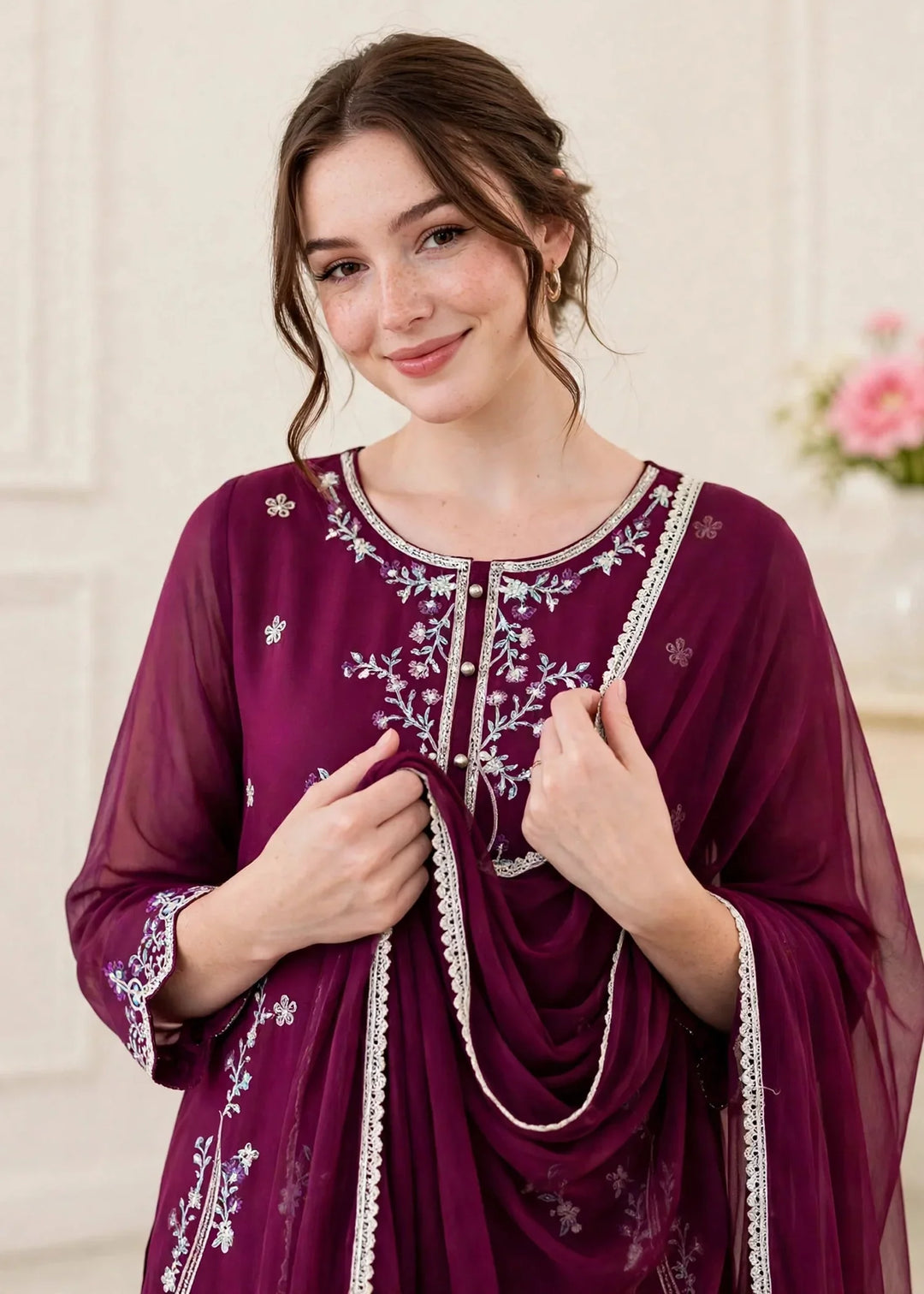 Riwayat by Modest Women RTW Embroidered Chiffon 3 Piece Suit W300 Purple Festive Collection
