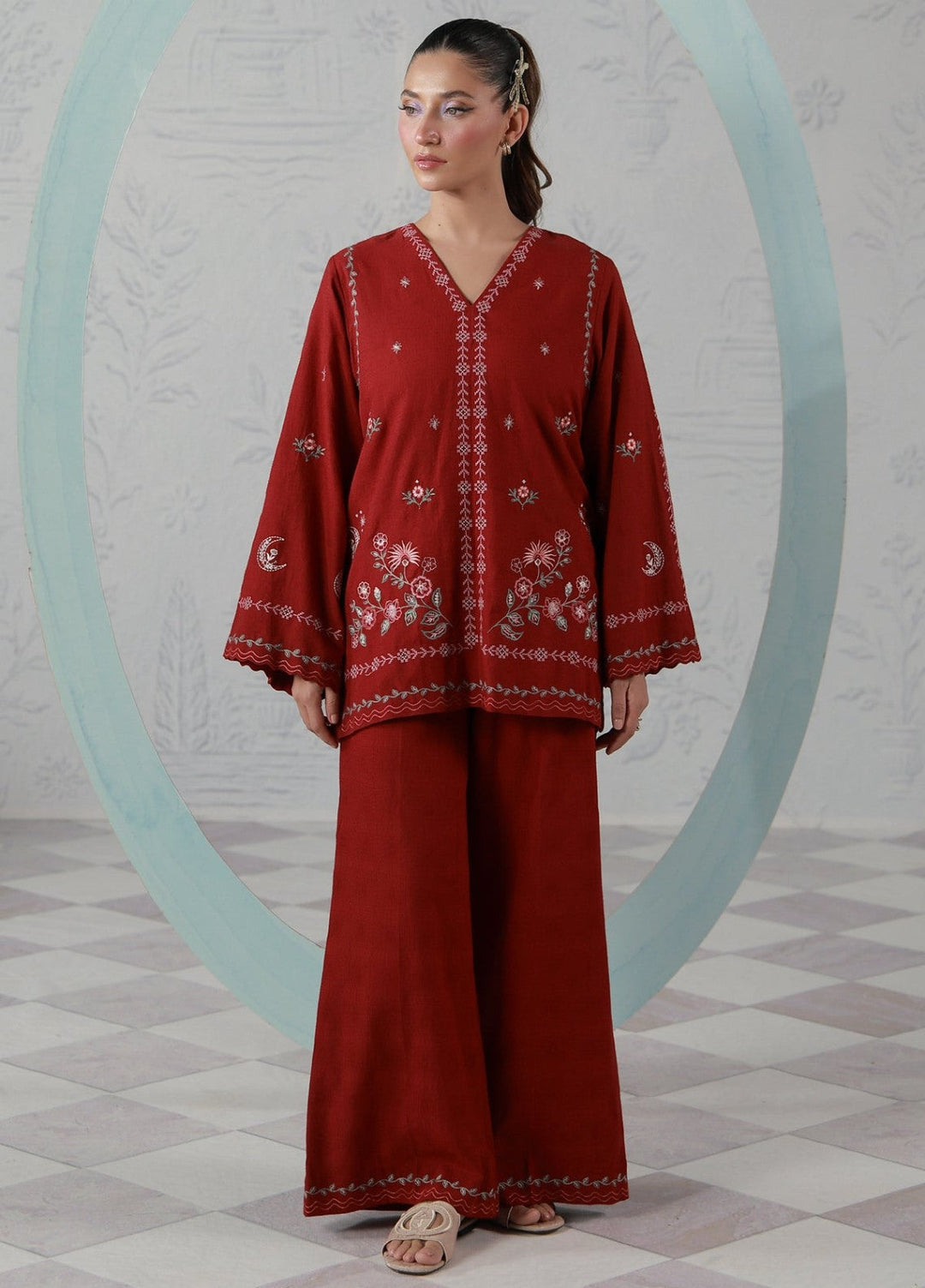 Sahar Women RTW Embroidered Jacquard 2 Piece Suit Crimson Moon Casual Collection