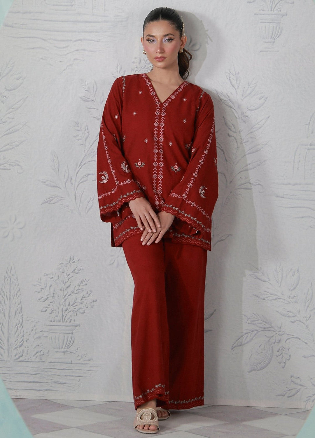 Sahar Women RTW Embroidered Jacquard 2 Piece Suit Crimson Moon Casual Collection