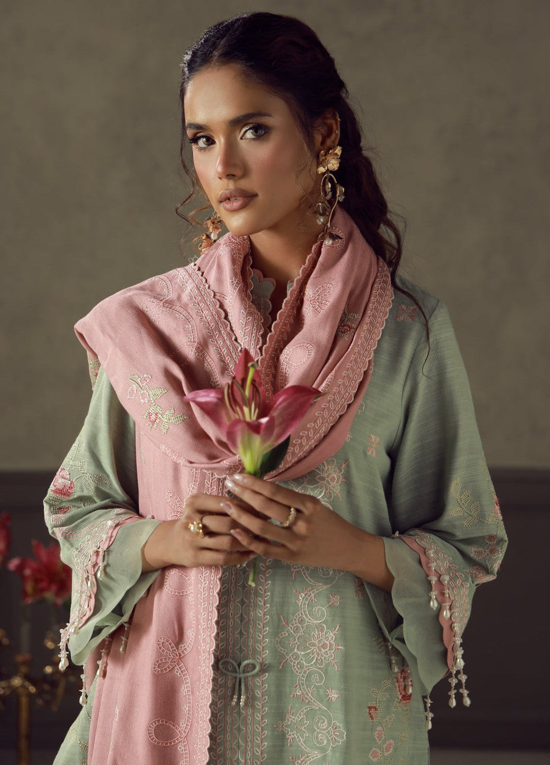 Sahar Unstitched Embroidered Khaddar 3 Piece Suit Sage Winter Collection
