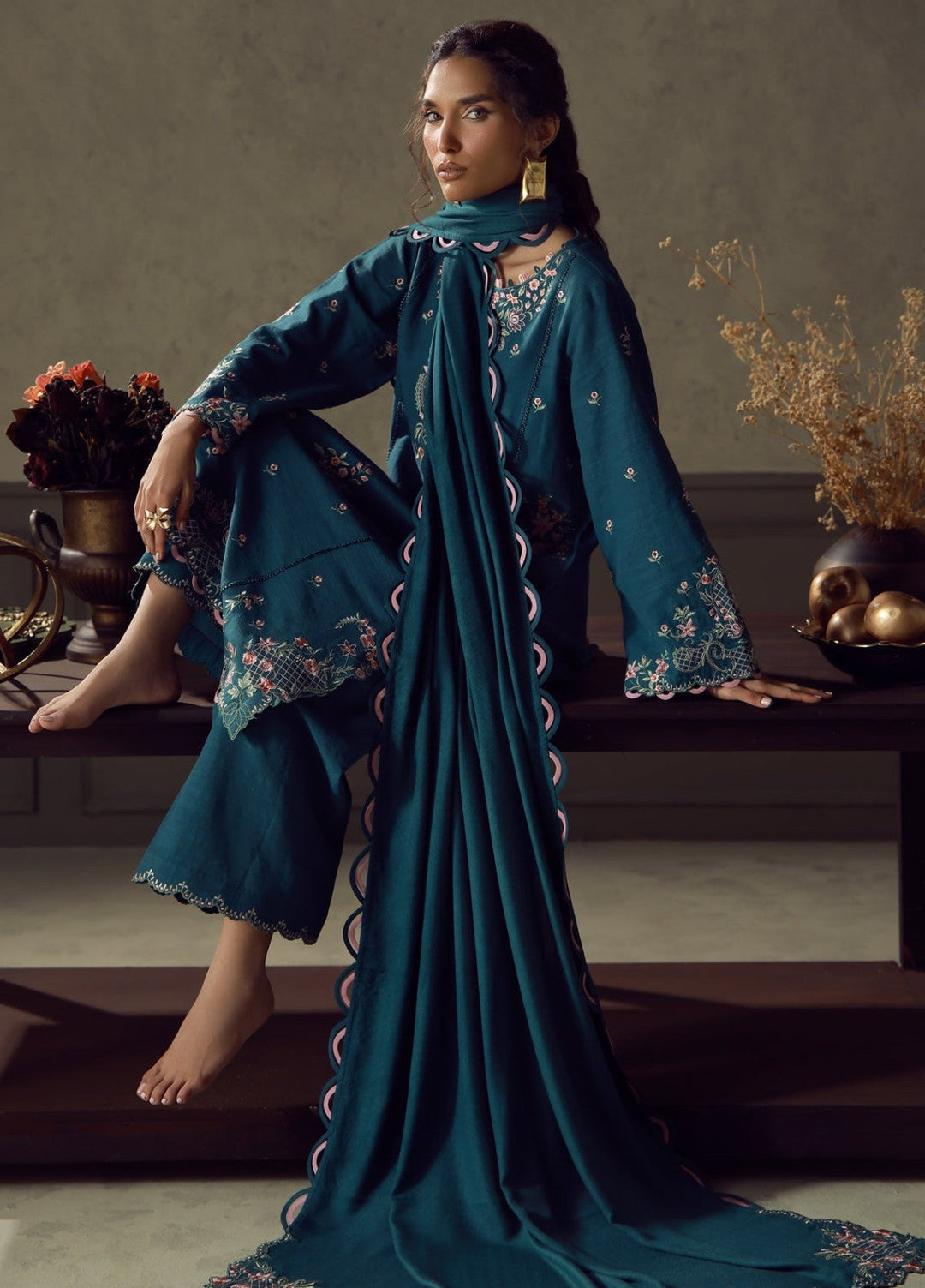Sahar Unstitched Embroidered Khaddar 3 Piece Suit Teal Flora Winter Collection