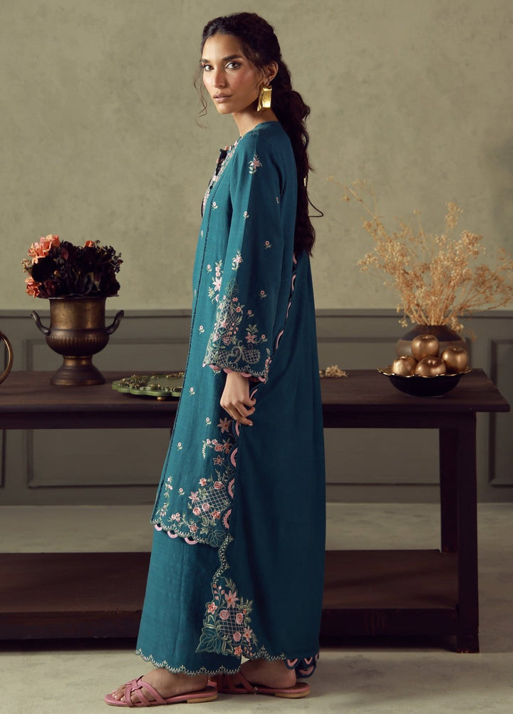 Sahar Unstitched Embroidered Khaddar 3 Piece Suit Teal Flora Winter Collection