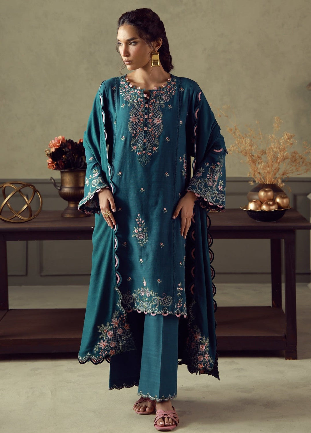Sahar Unstitched Embroidered Khaddar 3 Piece Suit Teal Flora Winter Collection