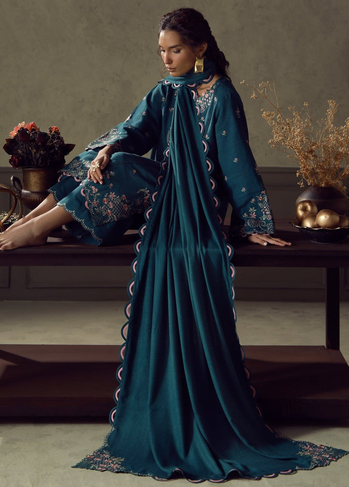 Sahar Unstitched Embroidered Khaddar 3 Piece Suit Teal Flora Winter Collection