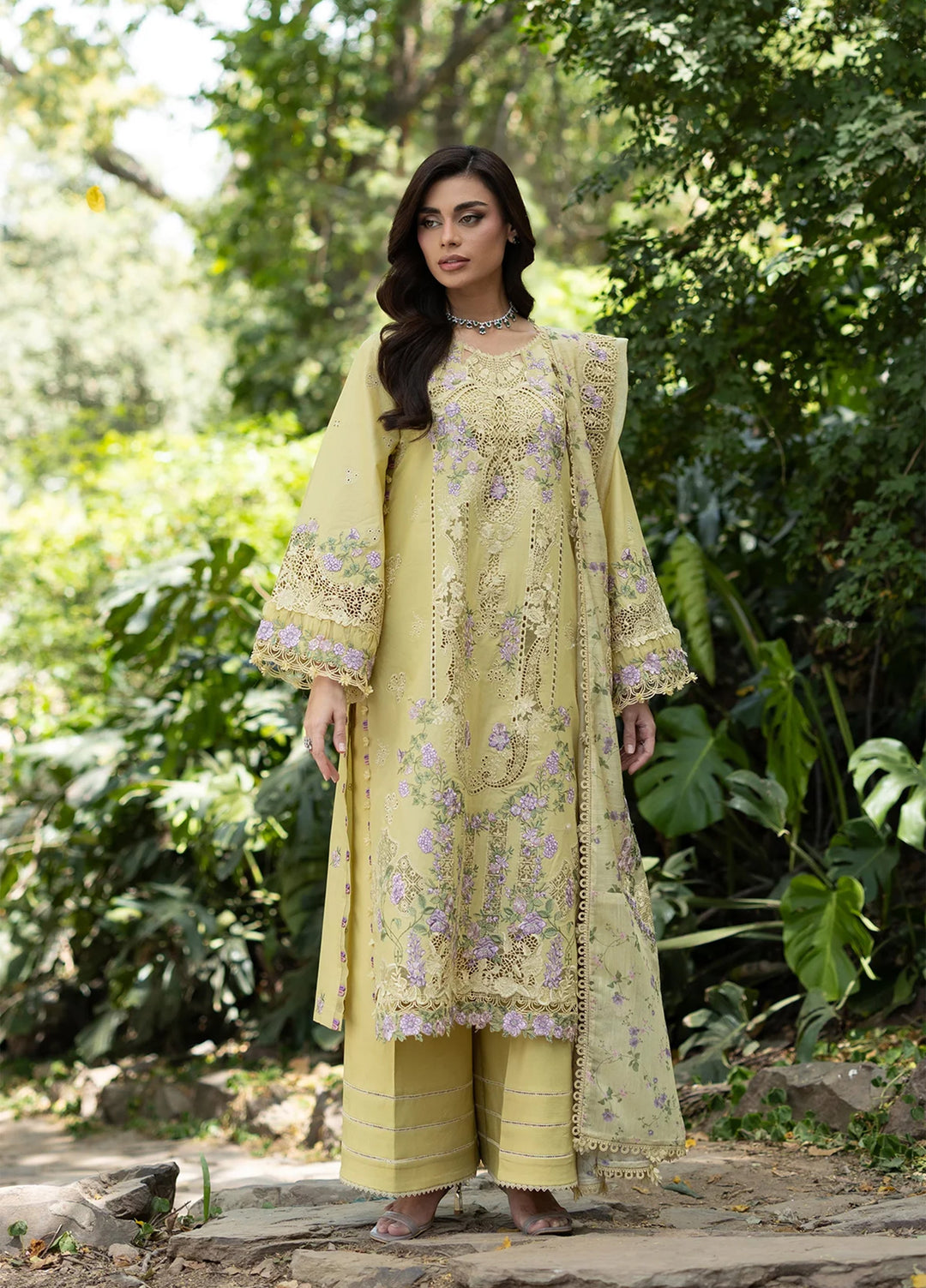 Elaf Premium Unstitched Embroidered Lawn 3 Piece Suit EL26ULF Butter Yellow ELQ-7A - Festive Collection