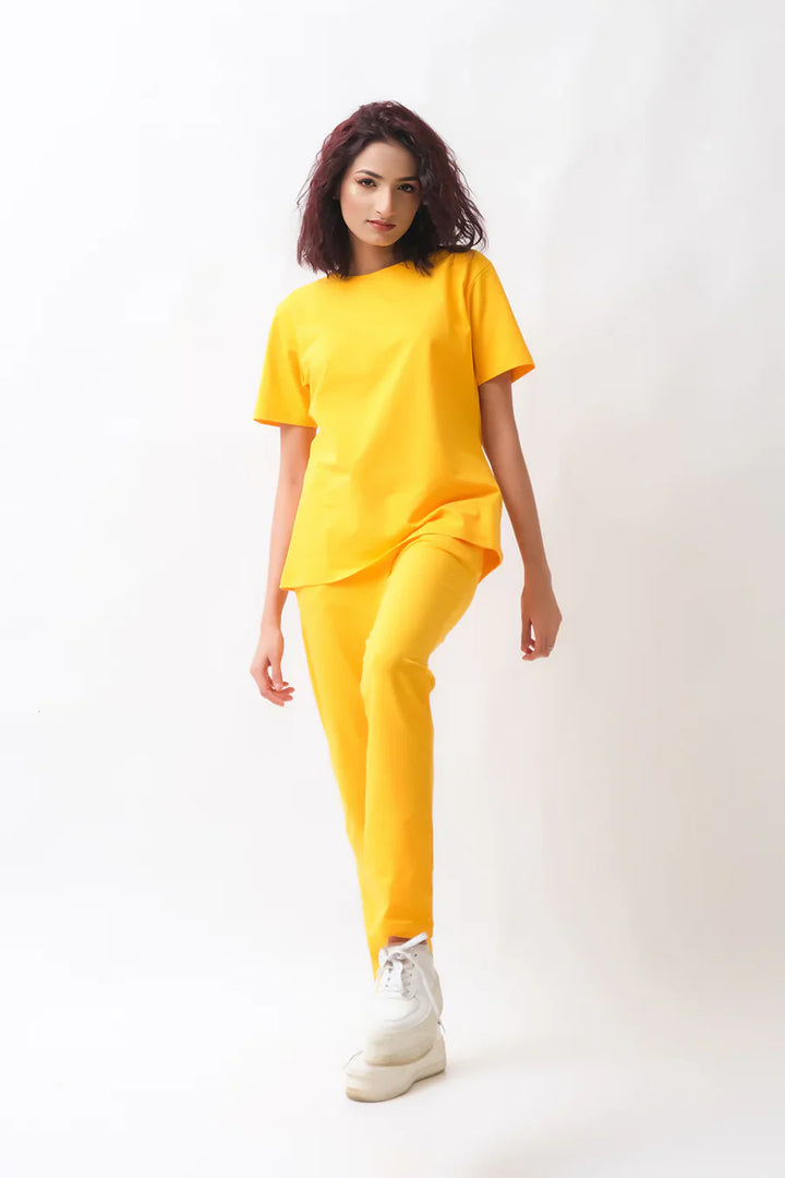 Dhaga Women Western Solids 2 Piece jersy Yellow Co Ords Half Sleeves DHSSSCO5 - Summer Collection