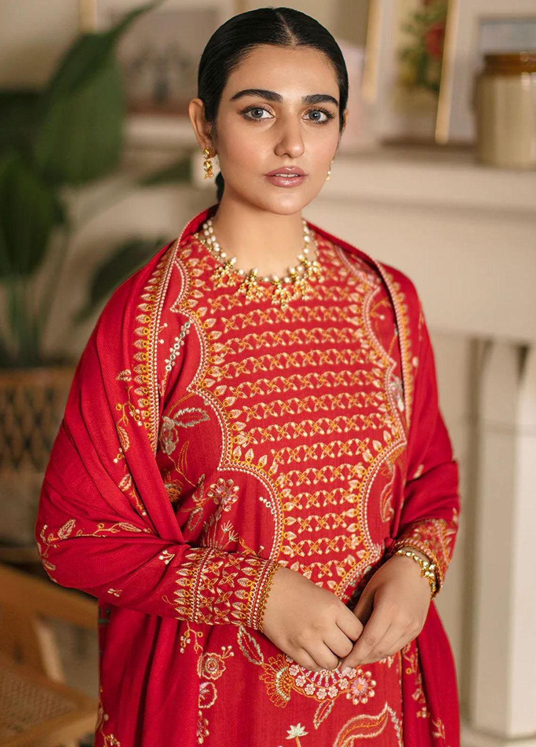 Cross Stitch Embroidered Khaddar Suits Unstitched 3 Piece CS22W 03 Crimson Aura - Winter Collection